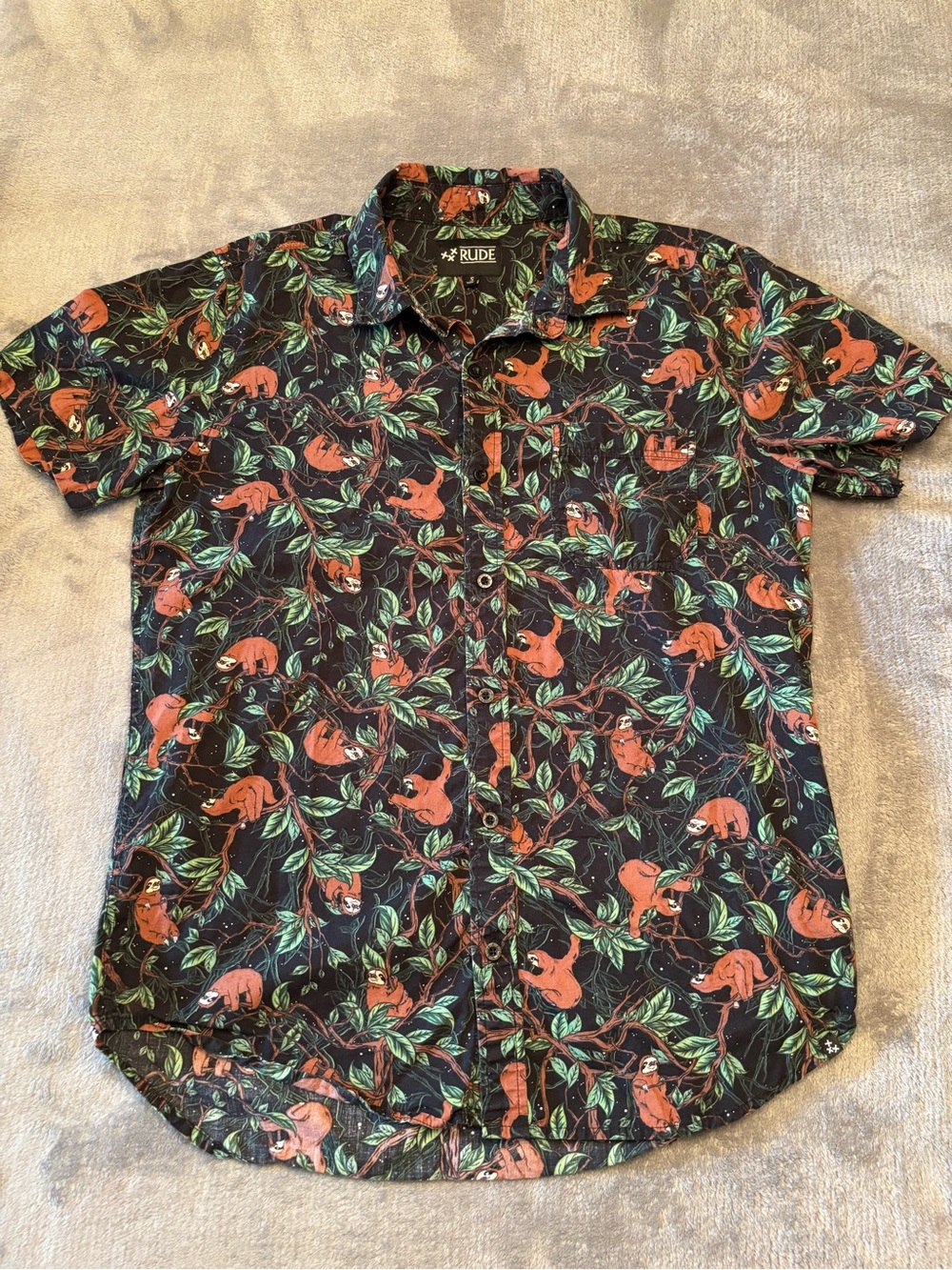 RUDE Black Short-Sleeve Button-Up Shirt with Orange Sloth and Green Leaf Print